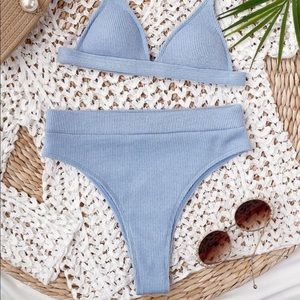 SHEIN high waist ribbed light blue triangle bikini